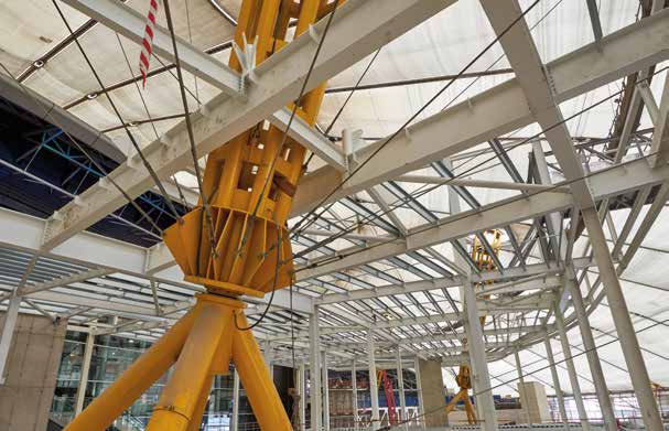 The dome’s supporting pylons protrude through the steelwork