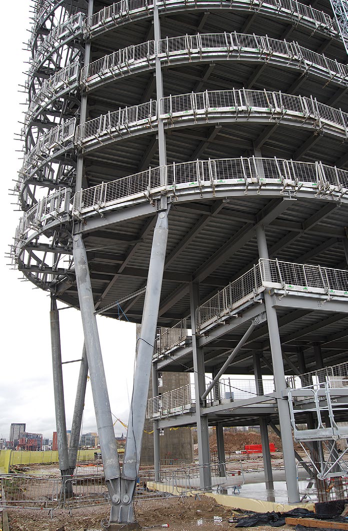 Twin pairs of V-shaped tubular columns support a cantilever