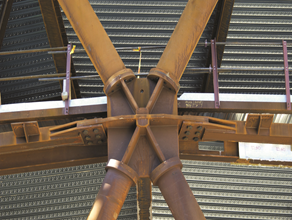 Fabricated steel node connecting the tubular steel members forming the fa&#231;ade to the Swiss Re Building, London