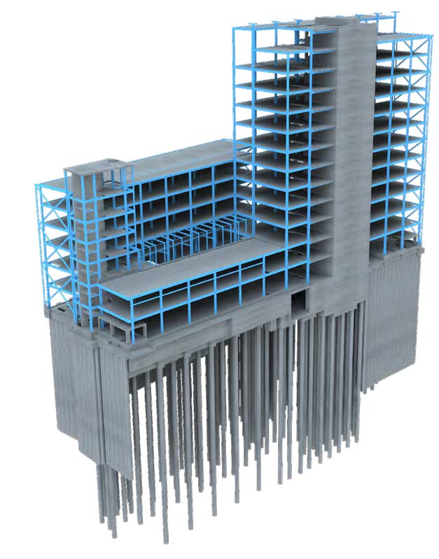 Model of the steel frame and foundations