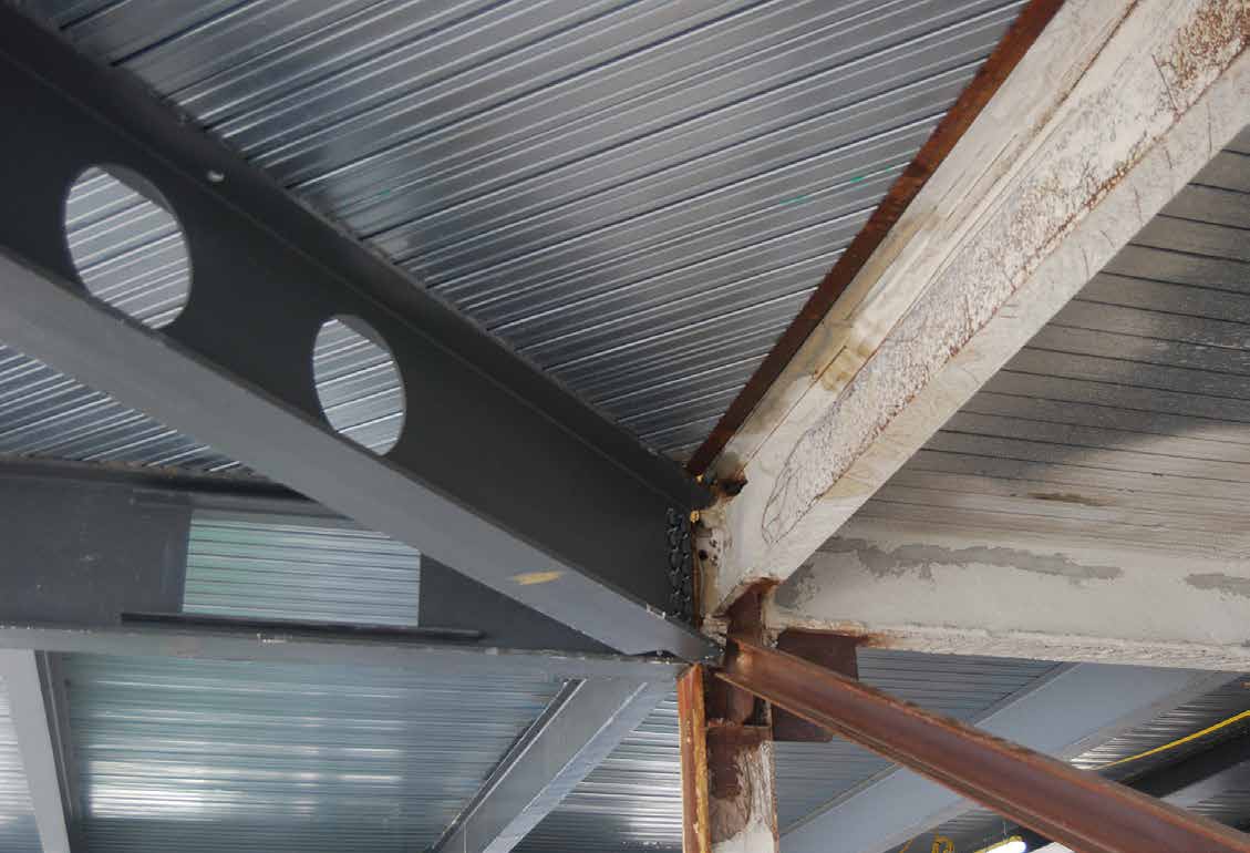 Some existing columns have new steel beams connected to them