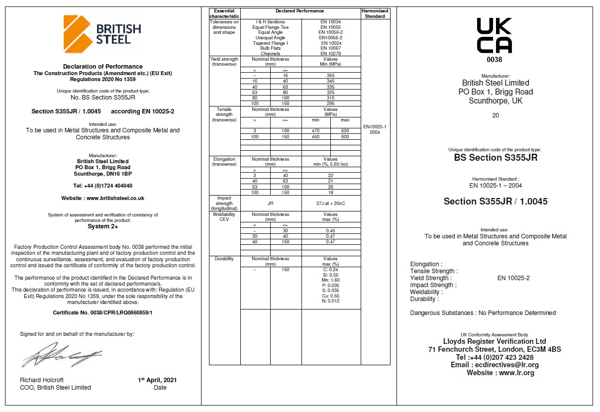 UK Declaration of Performance certificate for a Grade S355 hot rolled structural steel section