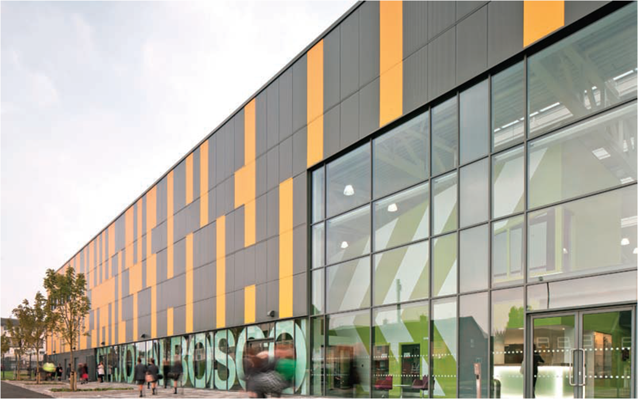 Exterior of St John Bosco Arts College, which delivered 15% more space through the use of its simple big box structural concept