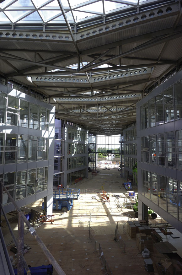 A steel formed atrium accommodates all of the circulation areas