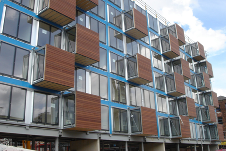 Balcony attachments to external structure (MoHo, Manchester) (Image courtesy of Shed KM Architects and Portakabin)