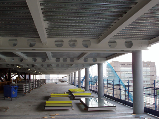 Internal view of the Palestra building during construction showing the use of pairs of continuous cellular beams
