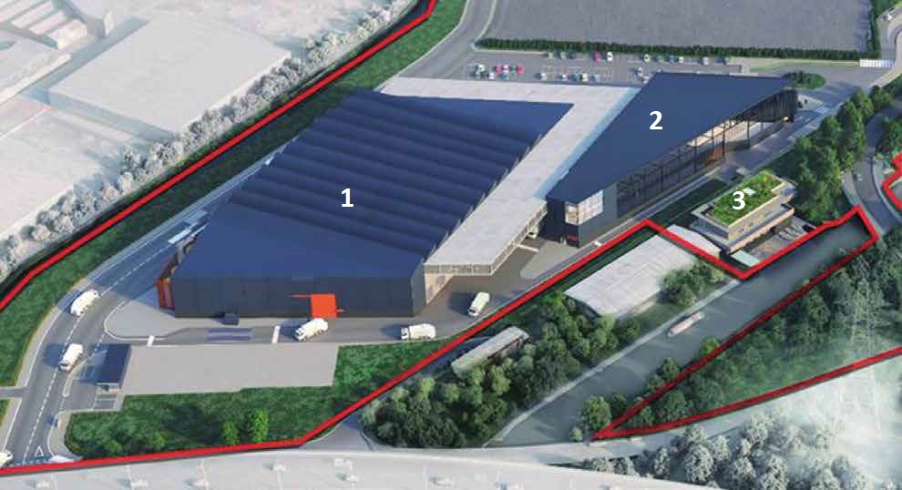 Plan showing the scheme’s phase one buildings; 1. RRF, 2. RRC and 3. EcoPark House, with its green roof