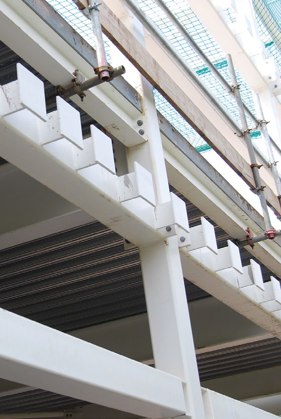 Many of the perimeter beams have welded brackets that will be used to connect to cladding panels