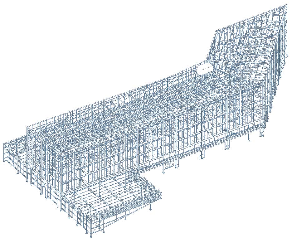 Model showing the main four-storey building and its two low level extensions
