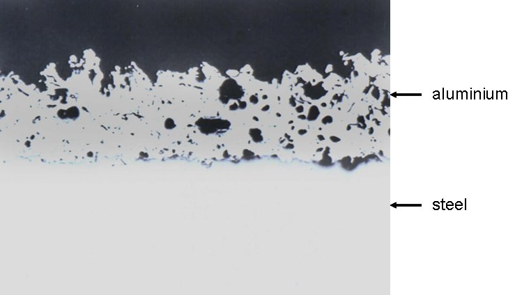 Cross-section through a thermally sprayed aluminium coating