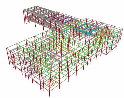 Diagram showing the steel structure, with the sports beam conceived as levity, and the main building as gravity