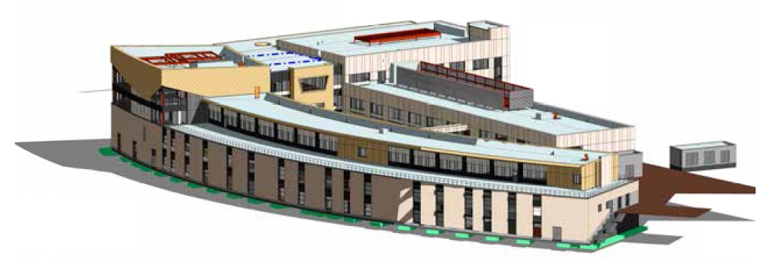 An adjacent railway line dictates that the main college fa&#231;ade is curved