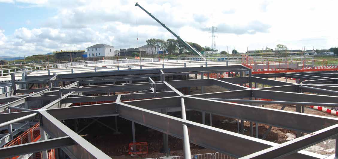 A complex pattern of steelwork forms the zone where the two wings meet