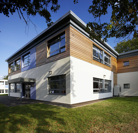 Modular school building with insulated render and cedar wood cladding&lt;Br&gt;&#39;&#39;(Image courtesy of Portakabin)&#39;&#39;