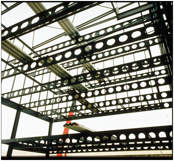 A common scene in UK construction. A cellular beam protected using a thin film intumescent coating