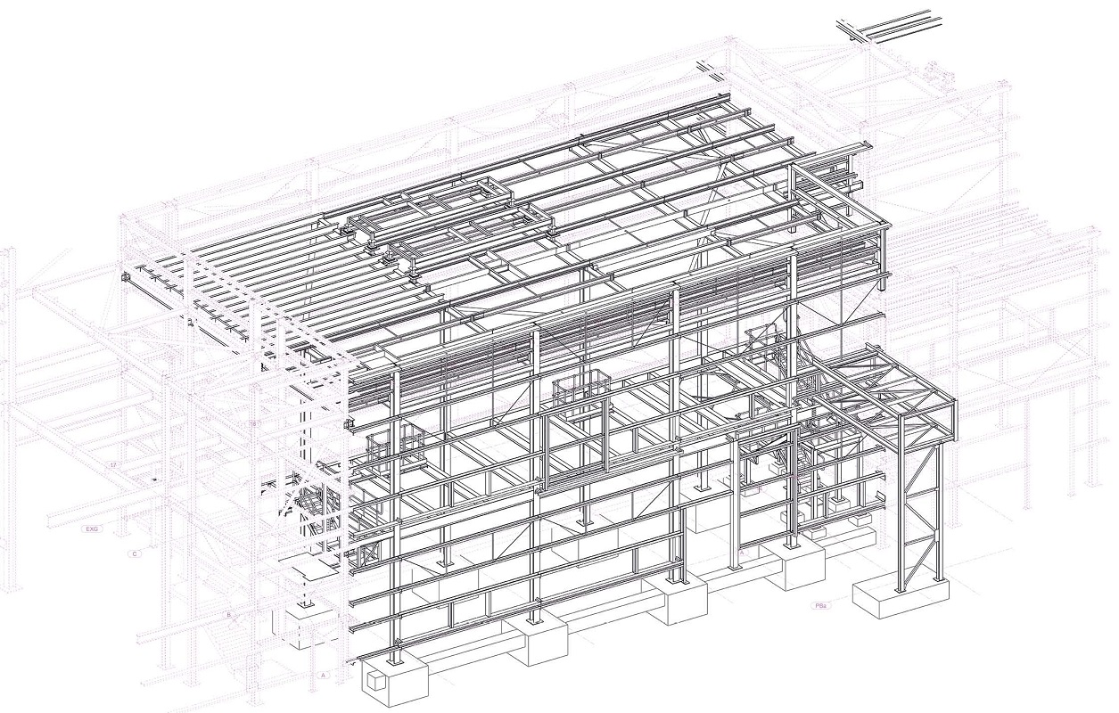 The extension gains much of its stability from the adjoining existing steel-framed facility