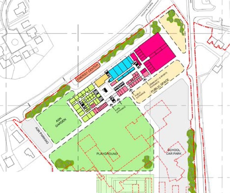 Plan of the site with the steel structure highlighted in pink