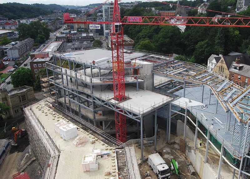 The steel frame is divided into separate structures by movement joints