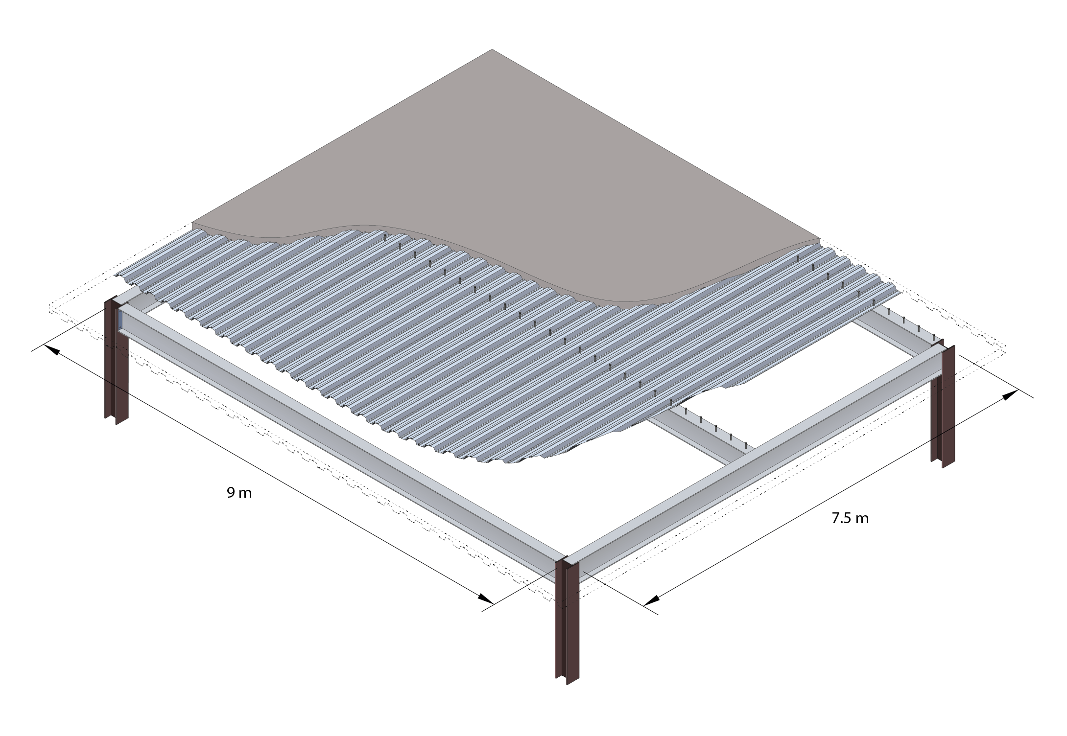 Floor grillage of 7.5m span primary beams and 9m span secondary beams in composite construction