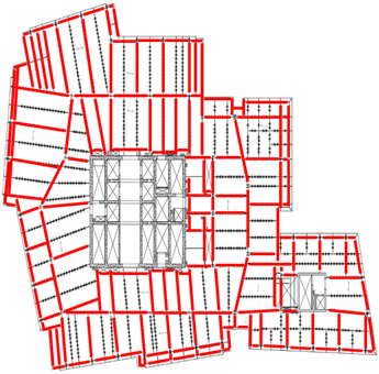 The floor plate at the Shard, London. Beams outlined in red are protected; the remainder are unprotected.&lt;br&gt; &#39;&#39;(Image courtesy of WSP Fire)&#39;&#39;
