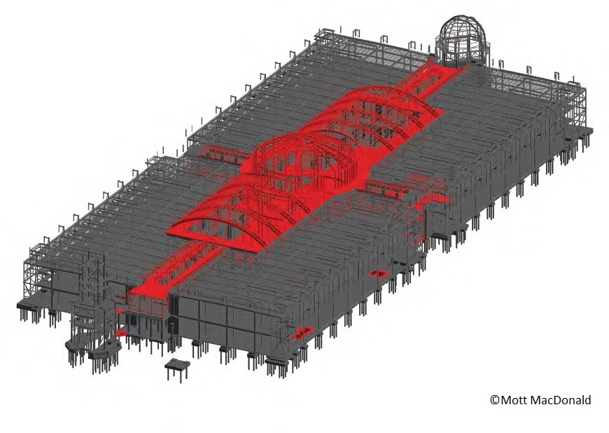 Model showing the new steelwork roofs and dome