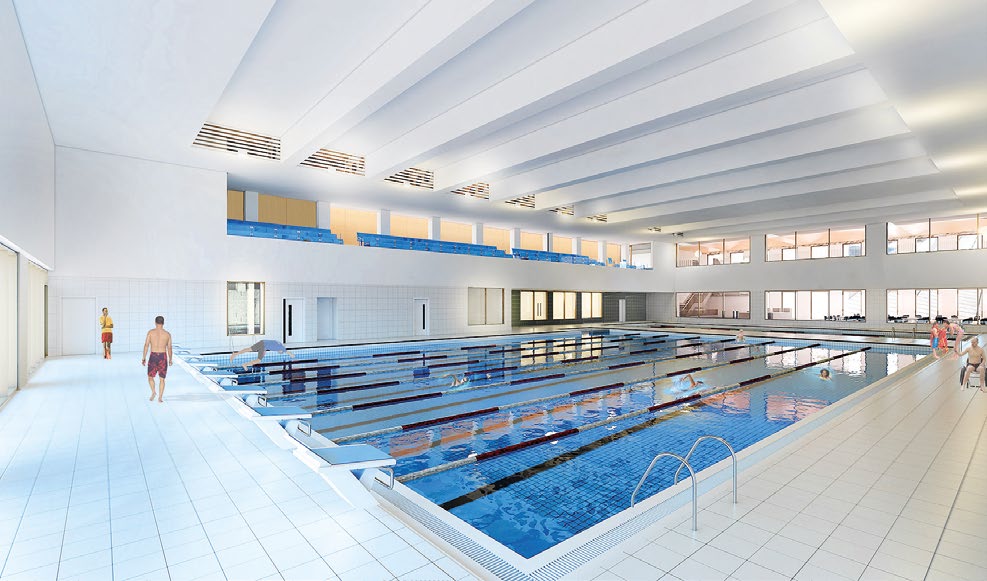 The projects longest steel elements, 26m-long beams, create the project's main pool hall