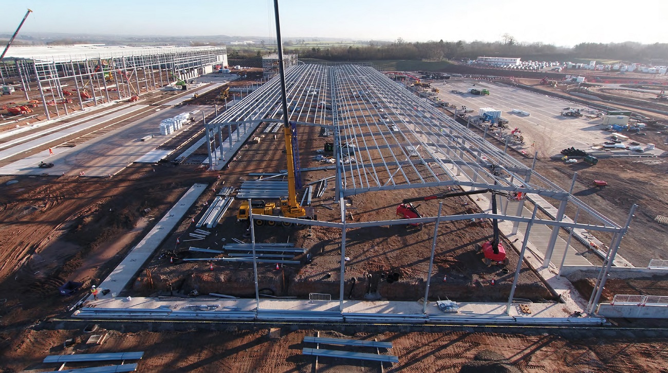 The second structure to be erected; the cross-dock terminal is a twin-span portal frame