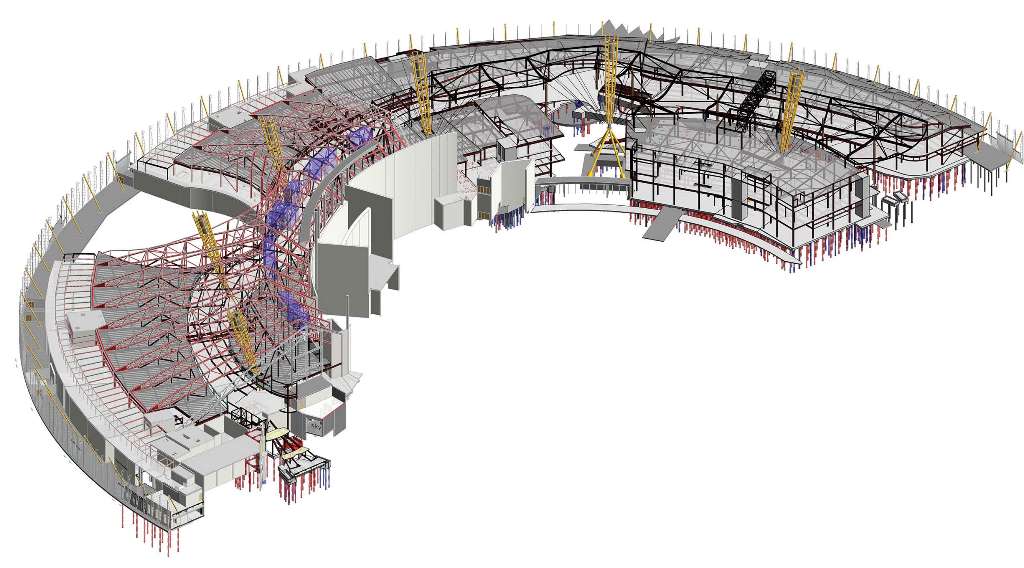 Model showing the two-storey steel element on the right and the reused trusses and slab on the left