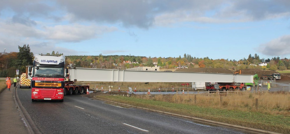 One of the 46m-long girders for the North Deeside Overbridge is delivered