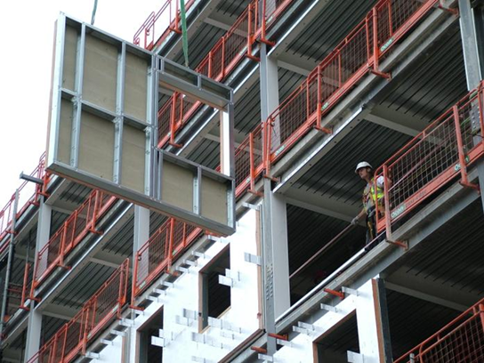 Pre-fabricated light steel infill wall panels in a steel framed building