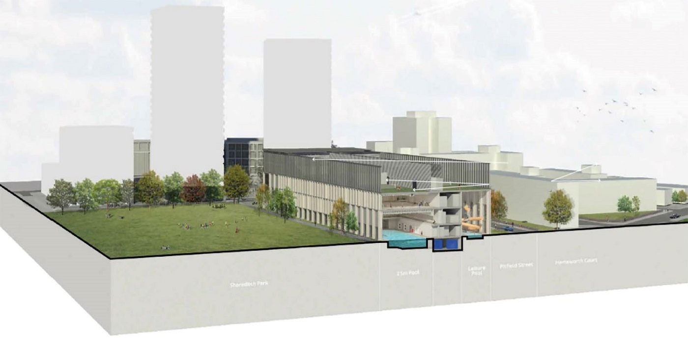 Cut-out image showing how the leisure centre stacks up. In the picture are the main pool and the flume zone