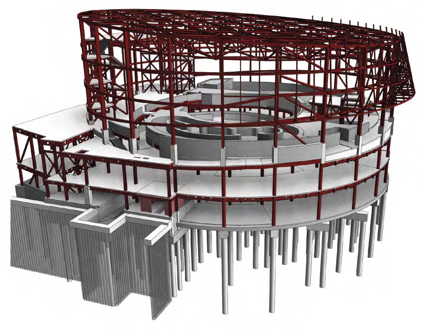 Model showing the steel frame and foundations