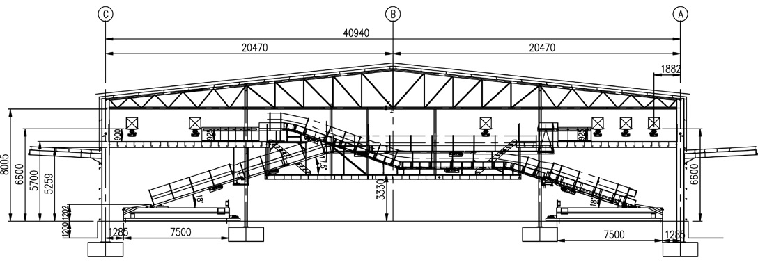 Typical cross section of the hub showing timber decked mezzanines and the conveyor system