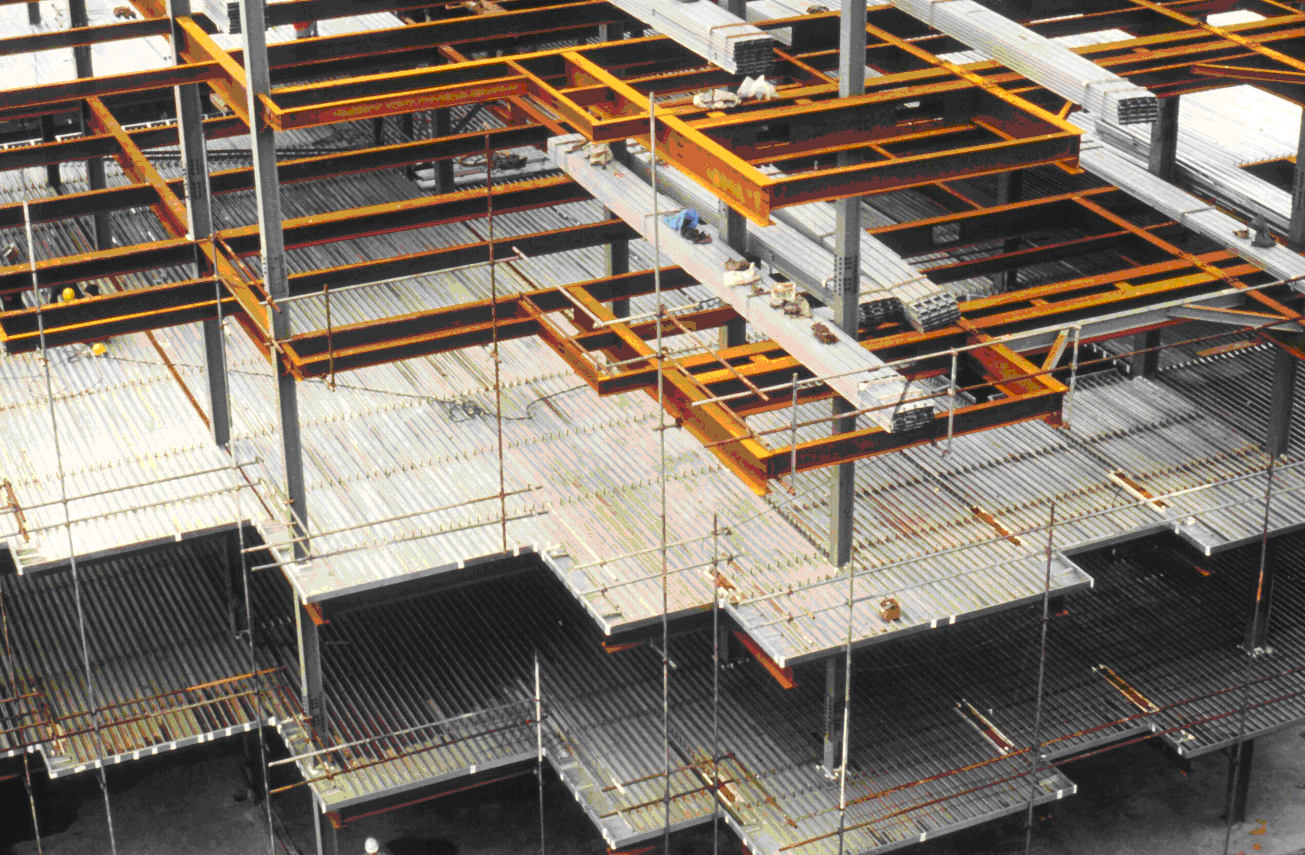 Decking being laid out on a steel frame