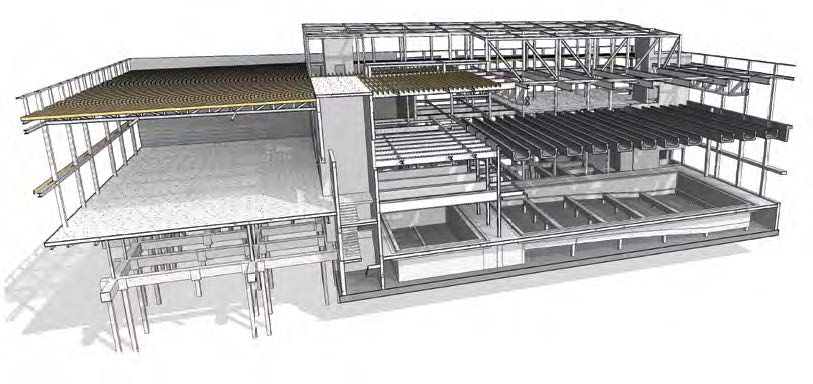 Model showing the pool on the bottom right corner and the gym above with its three trusses
