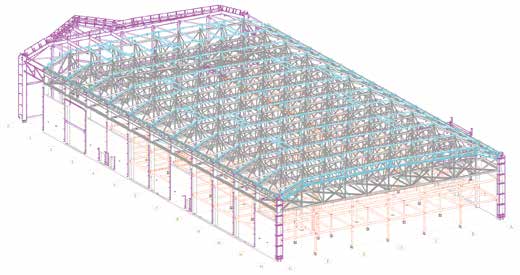 Model of steelwork; Grey: Existing roof steelwork Blue: New roof steelwork Purple: New feature and elevation steelwork Orange: New mezzanine and classroom roof steelwork