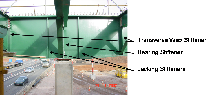 Transverse web stiffeners M6 Toll Bridge 450, ladder deck with knee bracing