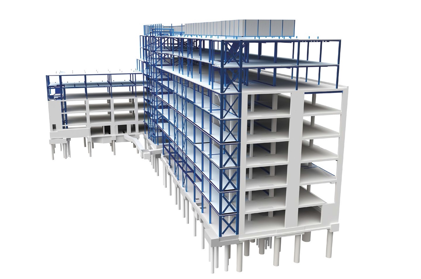 Model highlighting the new (blue) steelwork additions
