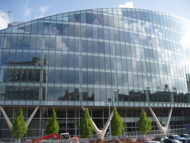 Modern fully glazed fa&#231;ade system in an office building in Spinningfields, Manchester