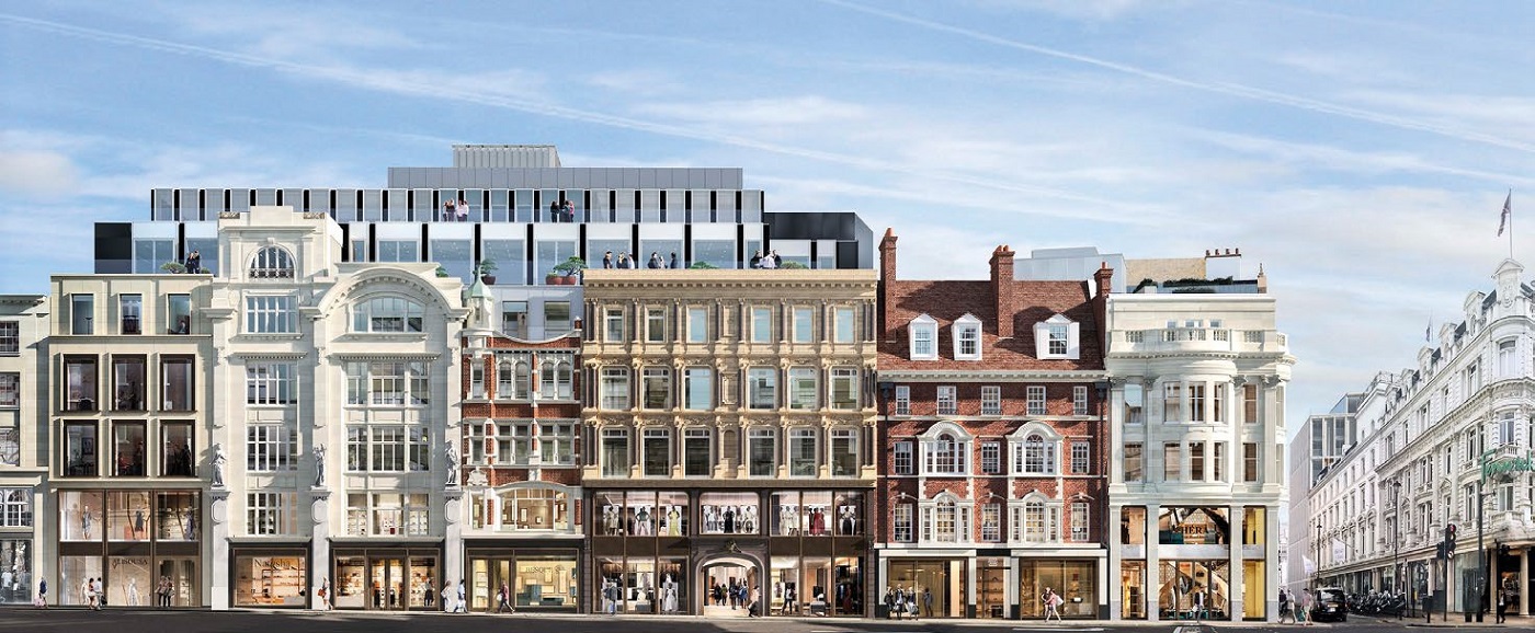 A retained façade along New Bond Street fronts one of the scheme's four buildings