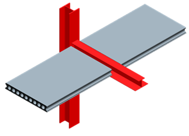 Shallow floor beam supporting hollow-core precast concrete units