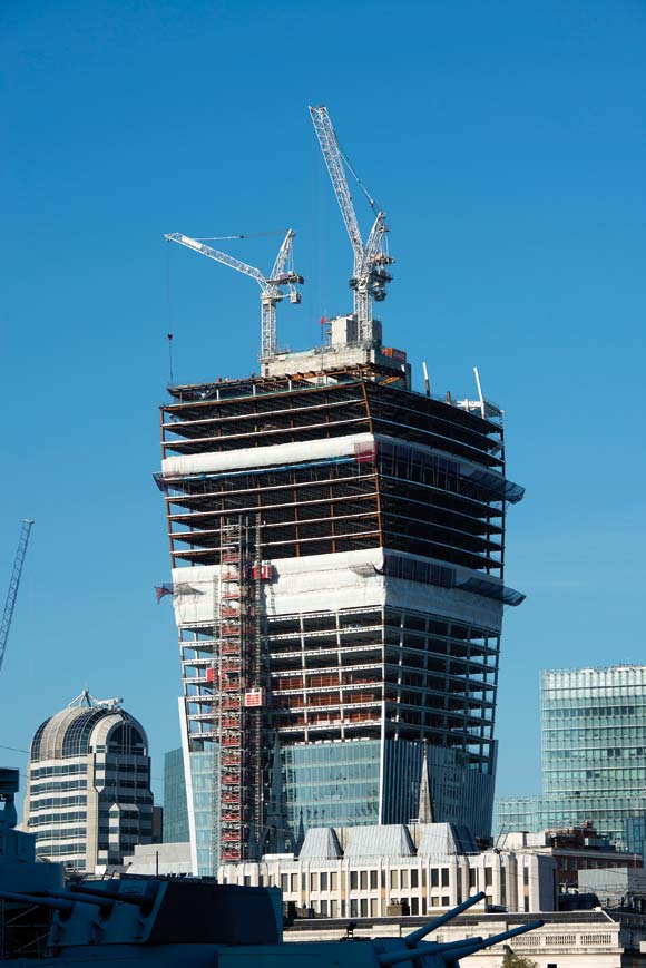 The majority of the steelwork was erected by tower cranes