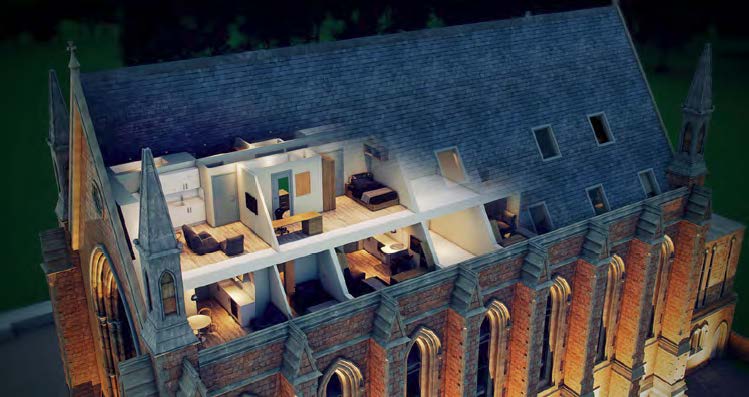 The uppermost floor contains larger apartments