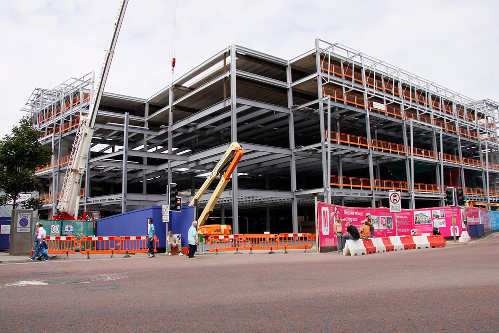 Steelwork for the new mall extension dominates Blackburn’s town centre
