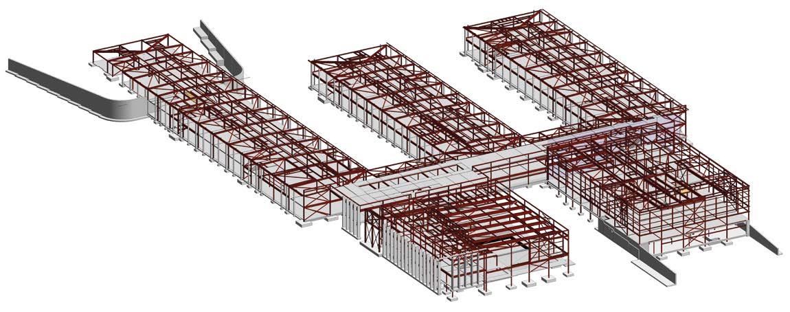 Model showing the three teaching wings, the connecting street and the adjacent library and pool structures