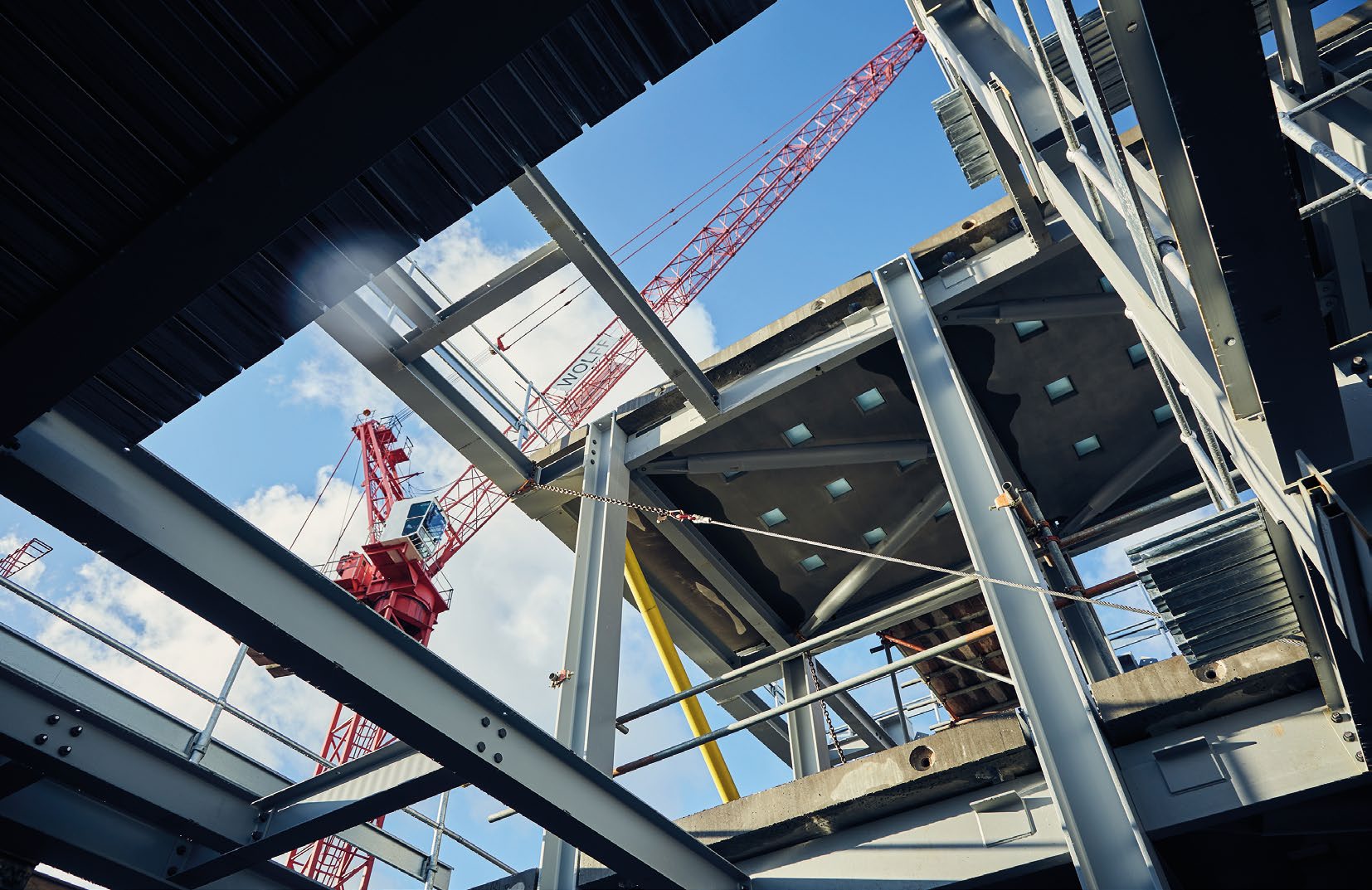 The new steel frame extends the building to its new five-storey height