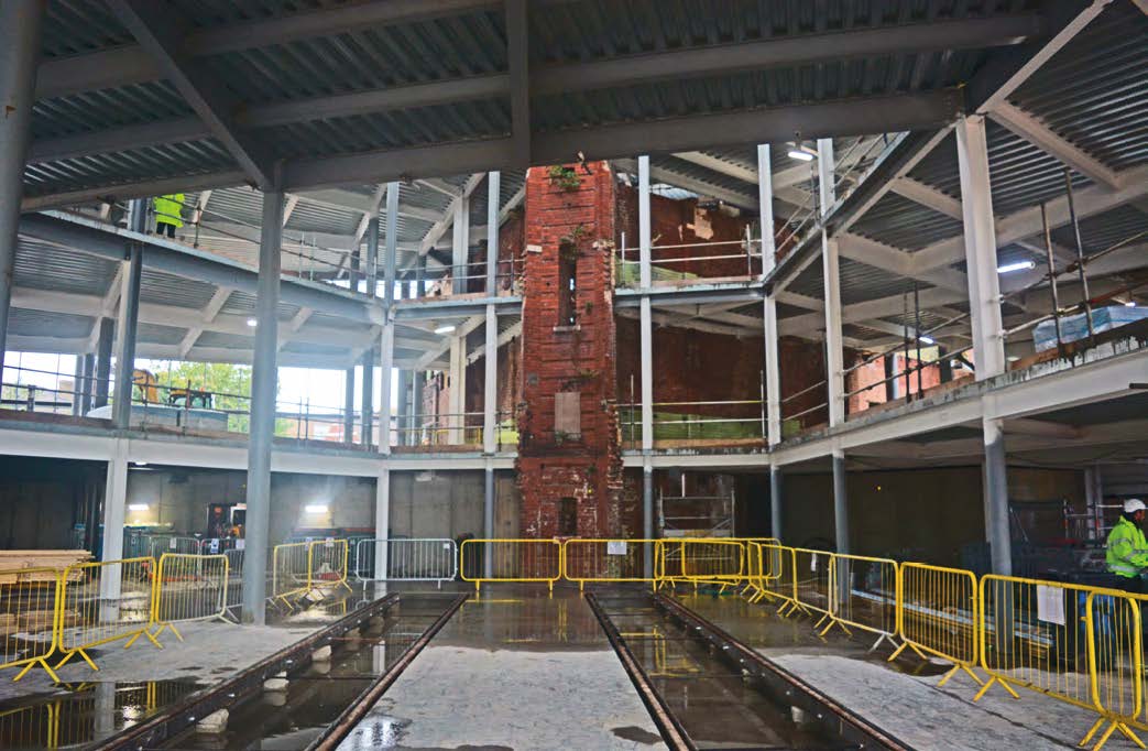 Rail tracks extend into the building to allow historic locomotives to be exhibited