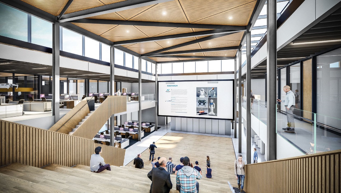 The column-free forum (atrium) will act as meeting place within the completed research centre