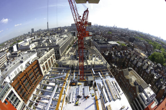 An expansion joint divides the building in half between residential and commercial sections
