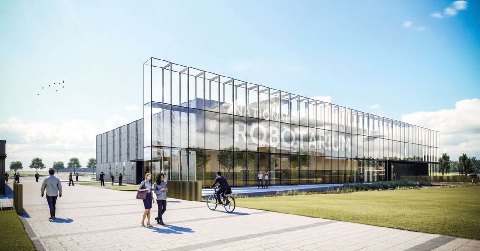A secondary steel frame supports the building's feature glazed façade